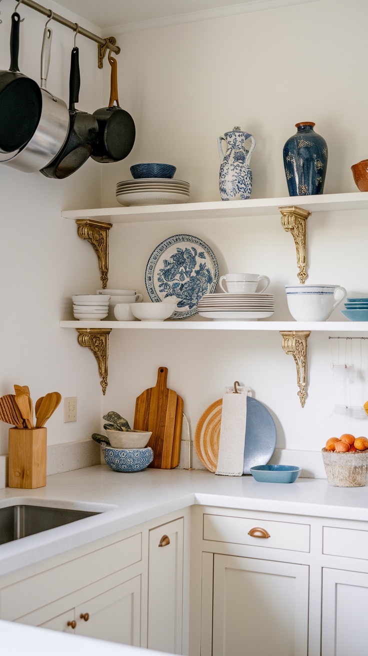 Open shelving in a kitchen displaying plates, bowls, and decorative items.