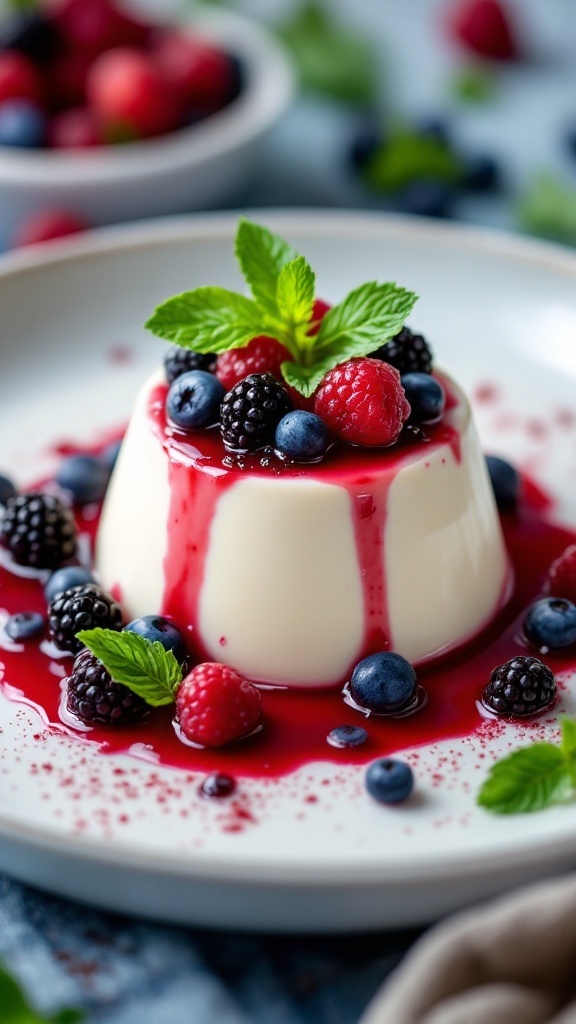 Vanilla bean panna cotta topped with mixed berries and mint