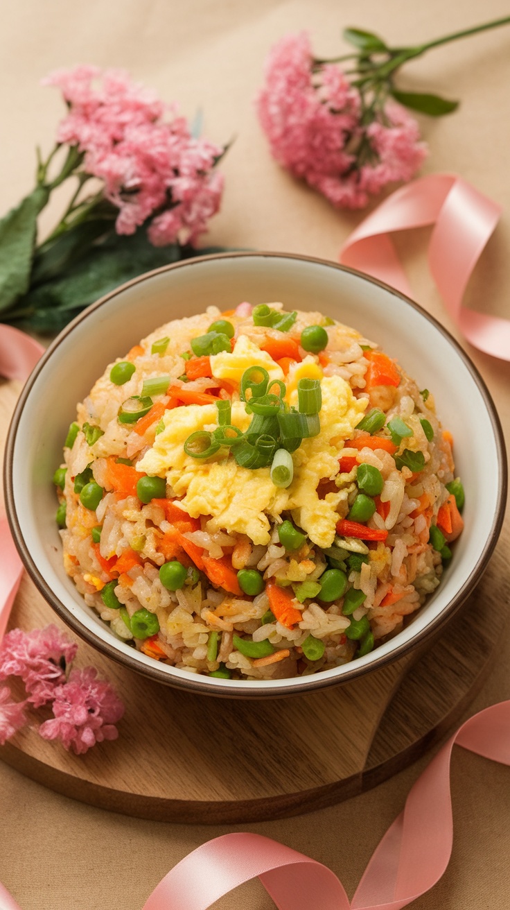 Bowl of vegetable fried rice topped with scrambled eggs and green onions, surrounded by flowers and ribbons.