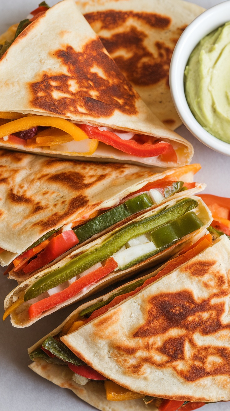 Vegetable quesadillas with colorful peppers and a creamy avocado dip