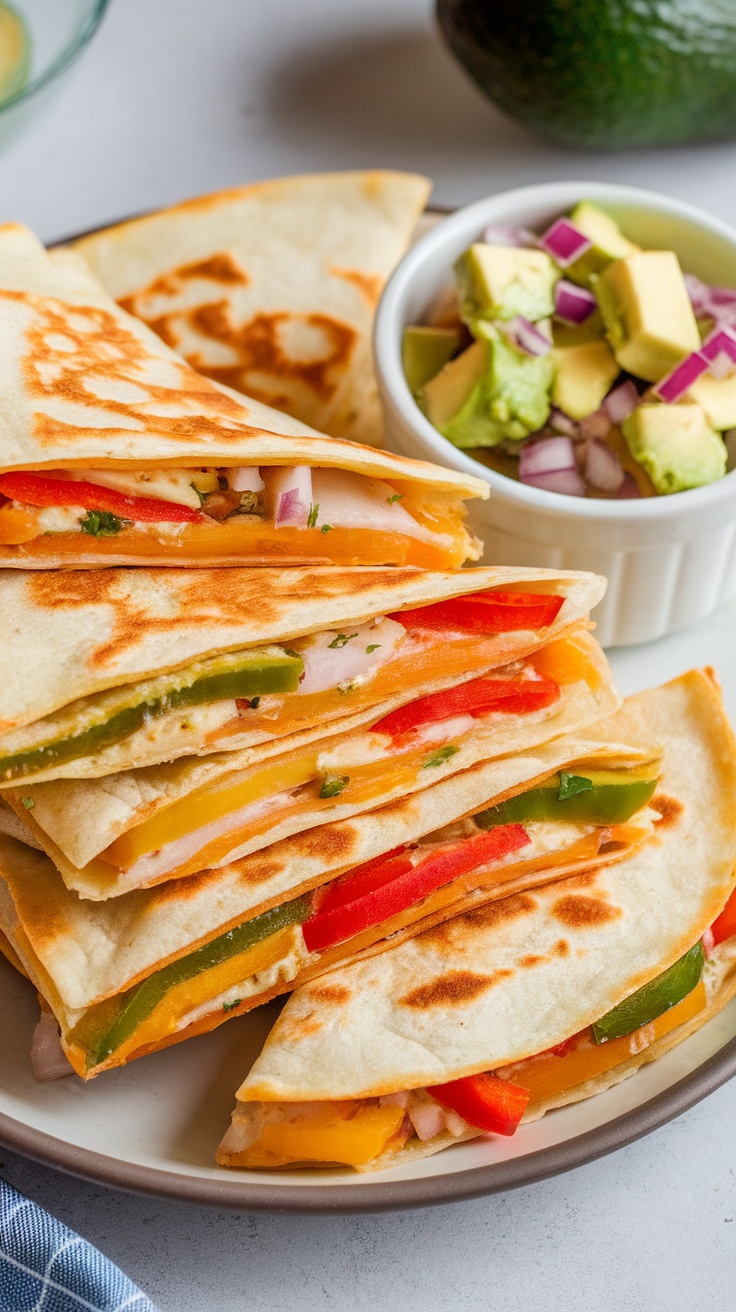 Plate of vegetarian quesadillas with colorful bell peppers and a bowl of avocado salsa.