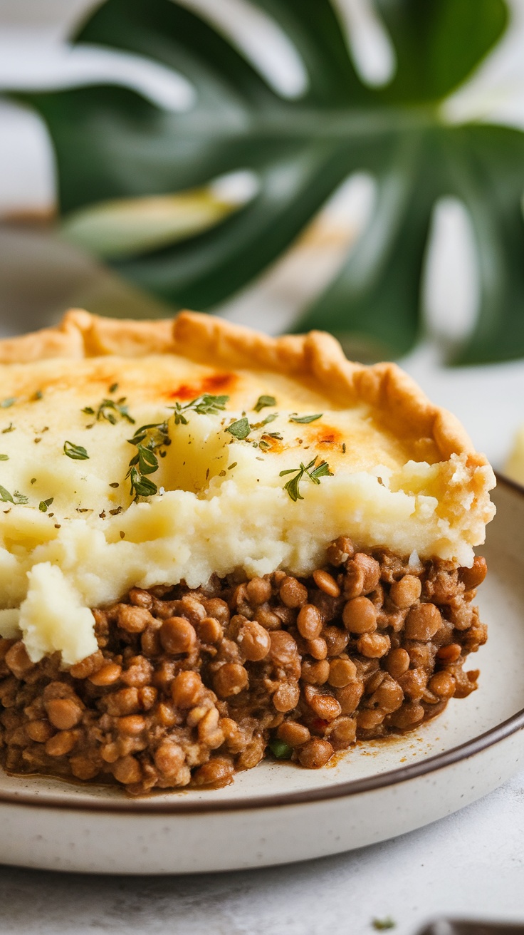 A delicious slice of vegetarian shepherd's pie with lentils and creamy mashed potatoes on top.