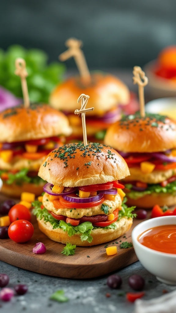 Veggie hummus sliders with fresh vegetables and slider buns