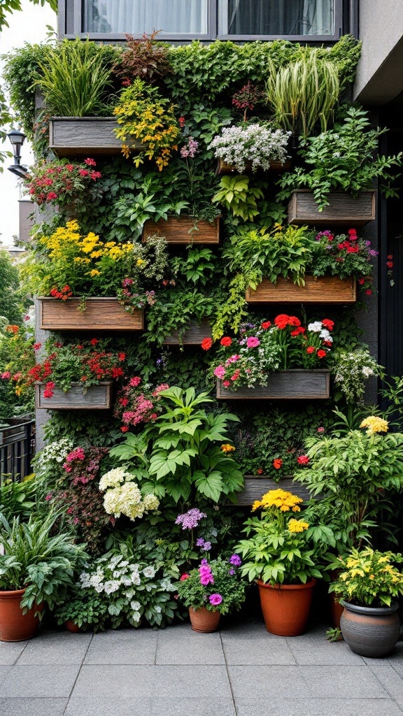 A vibrant vertical garden filled with various flowers and plants arranged on a wall.