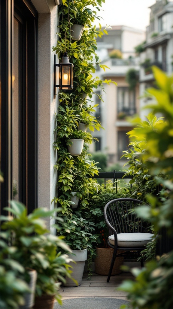 A cozy balcony featuring a vertical garden with lush green plants in wall-mounted pots, a stylish chair, and a warm lantern.