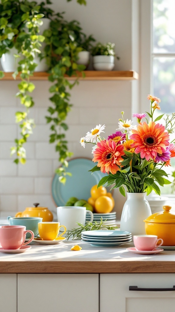 A bright kitchen countertop decorated with colorful dishware and a vibrant flower arrangement