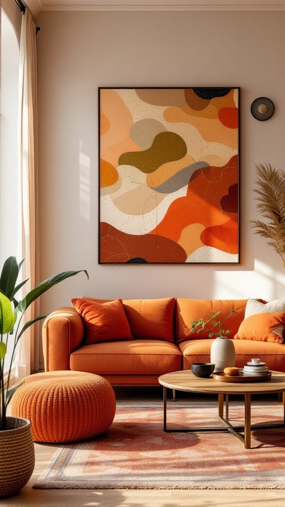 A cozy living room featuring a vibrant orange sofa, abstract terracotta artwork, and natural elements.