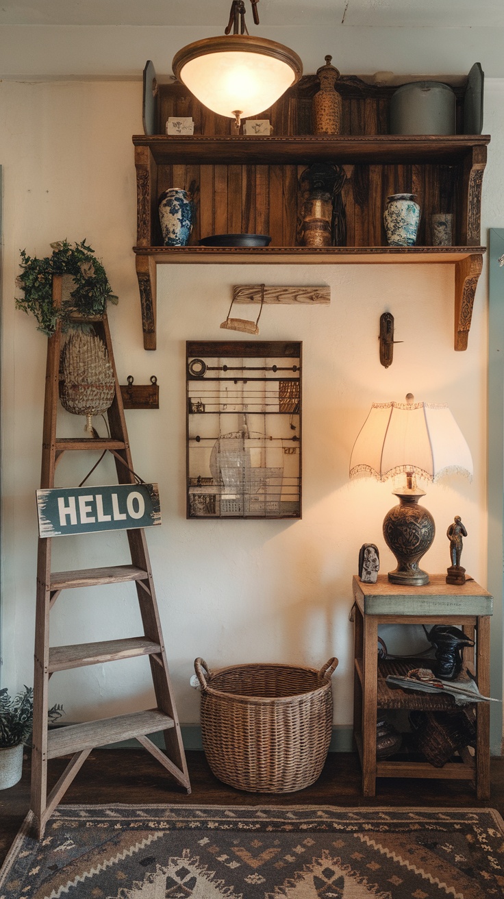 A cozy entryway with vintage decor, including a ladder with a 'HELLO' sign, pottery on shelves, a lamp, and a woven basket.