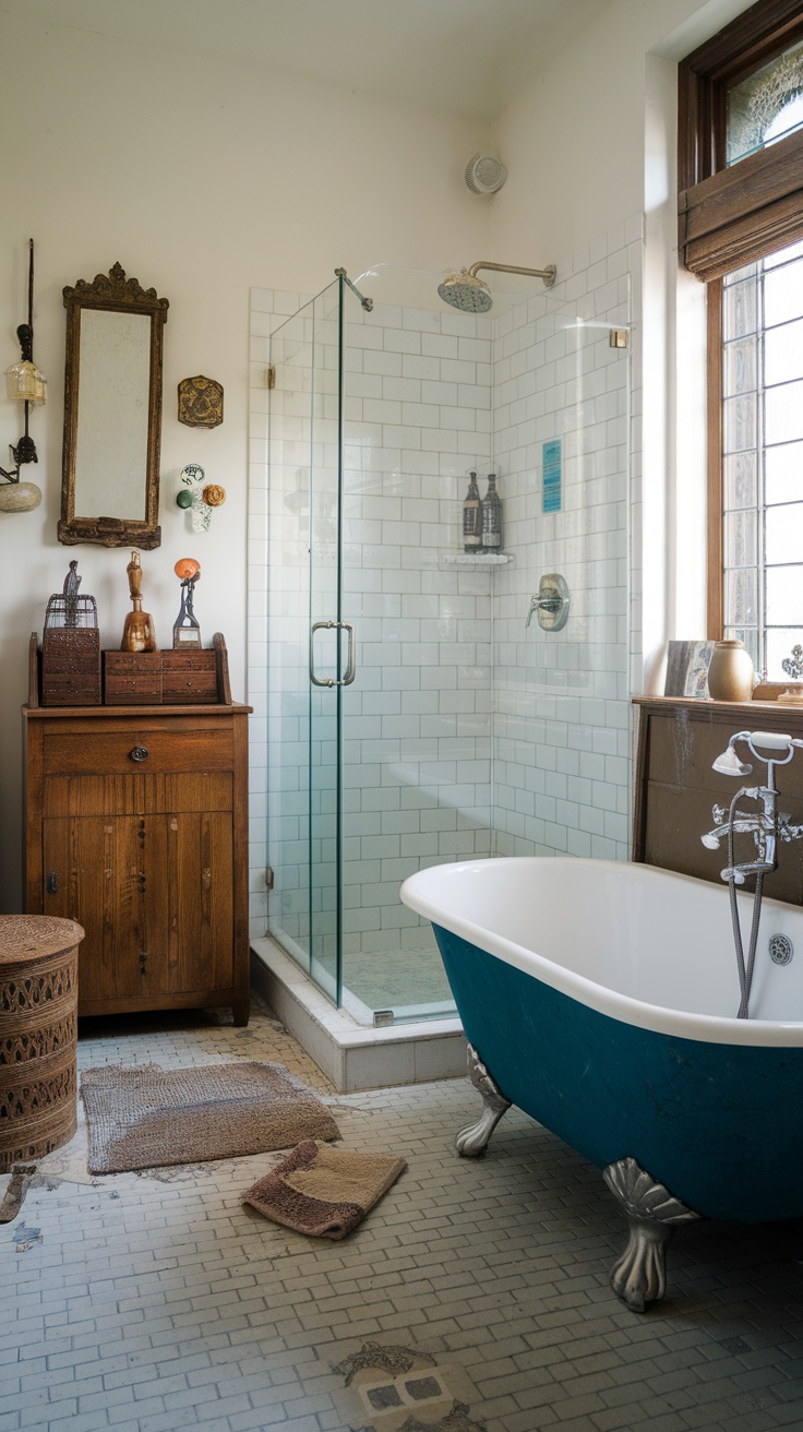 A vintage-style bathroom featuring a clawfoot tub, glass shower, and vintage decor.