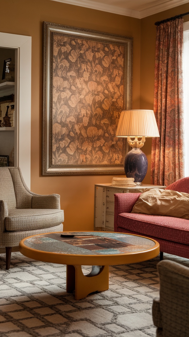 A cozy living room featuring vintage decor with a large floral artwork, patterned armchair, colorful round coffee table, and warm lighting.