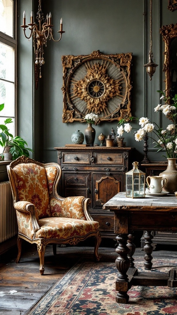 A vintage room featuring an ornate chair, dark wooden furniture, classic artwork, and elegant lighting.