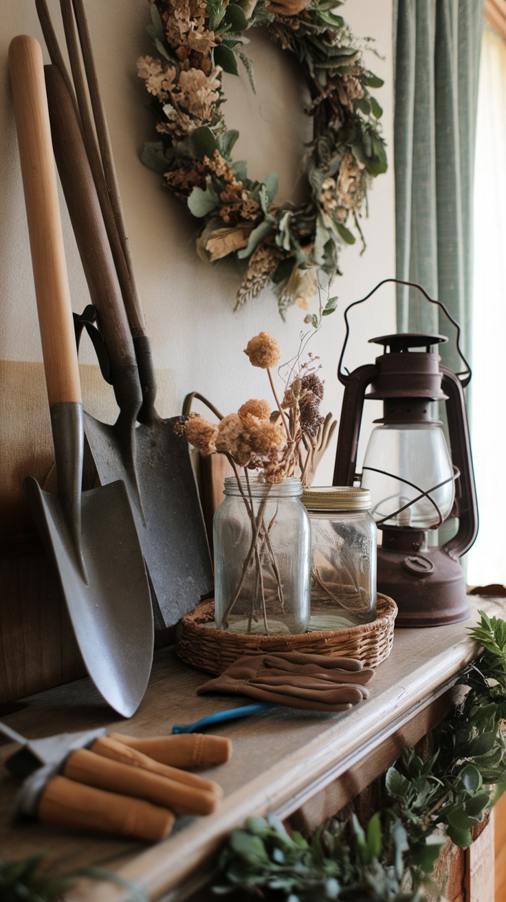 A rustic vintage spring mantel featuring garden tools, jars with dried flowers, and a lantern, complemented by a floral wreath.