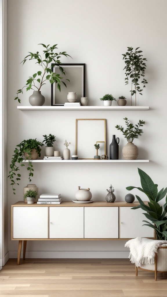 A minimalist living room featuring wall-mounted shelves adorned with plants and decorative items.