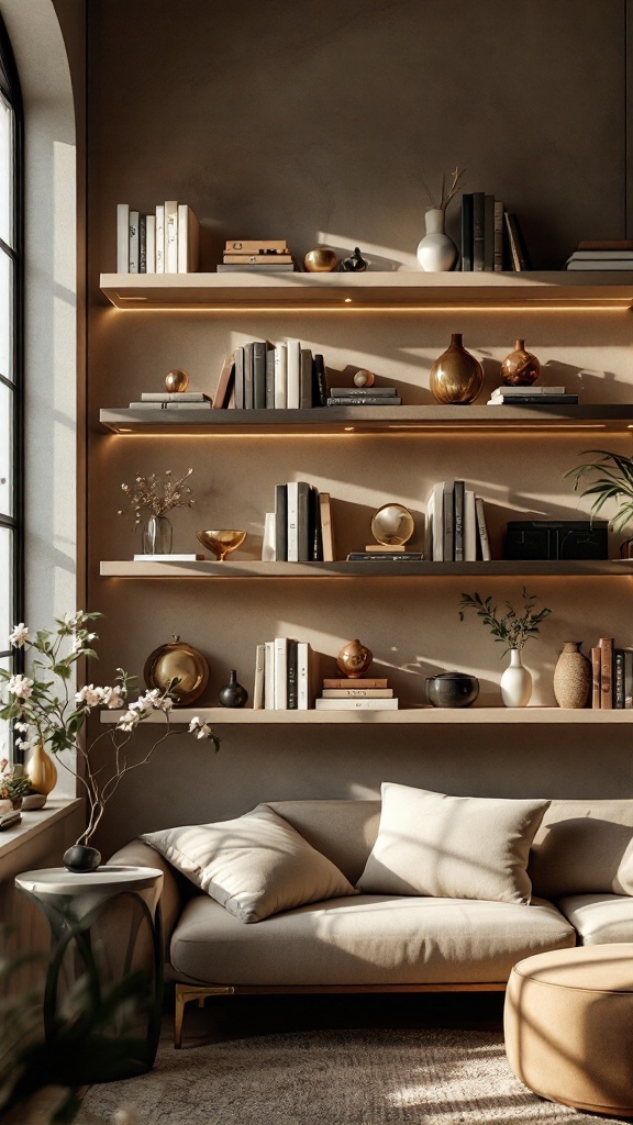 Stylish wall-mounted shelves with books and decorative items in a cozy apartment setting