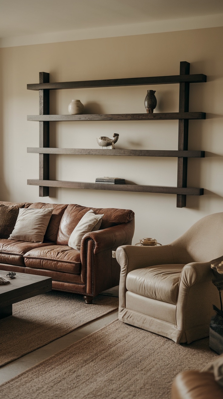 Cozy living room with warm color palette featuring brown leather couch and beige armchair