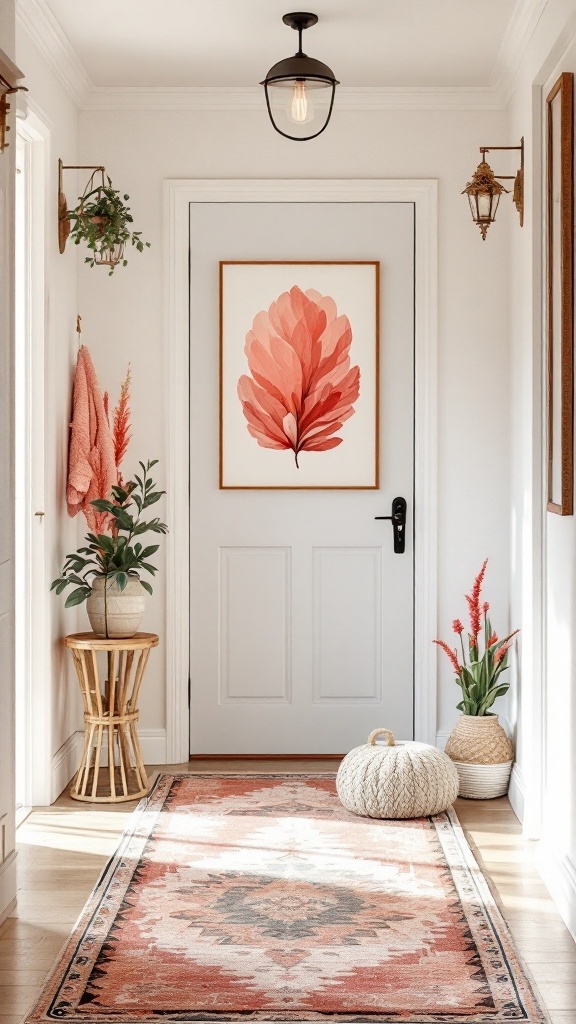 A warm and inviting hallway featuring coral accents and a vibrant leaf artwork.