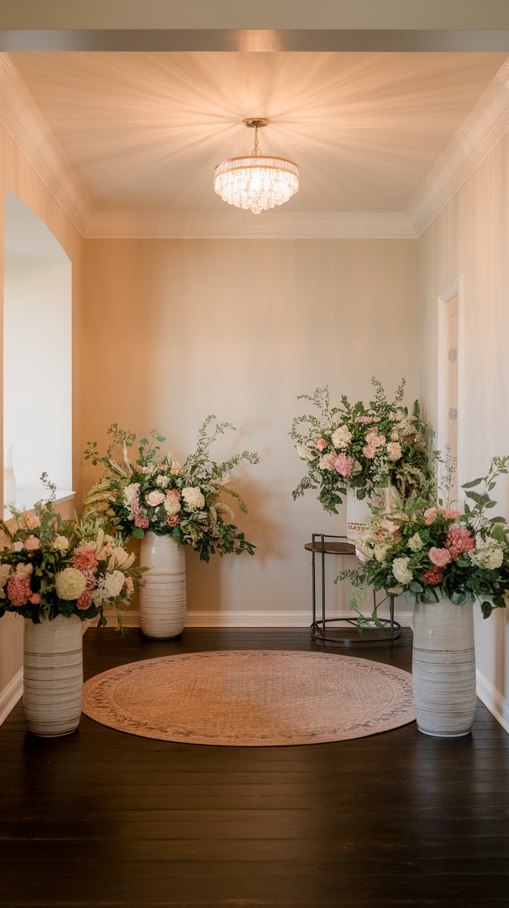 A stylish entryway featuring large floral arrangements in white vases, a round rug, and a crystal chandelier.