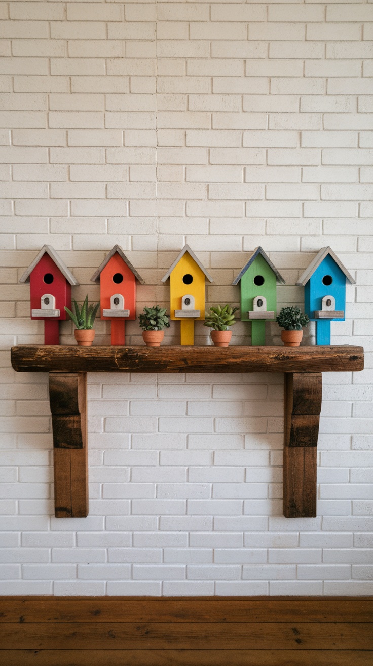 Colorful birdhouses on a rustic shelf against a white brick wall.