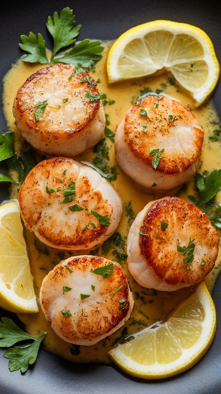 Delicious seared scallops garnished with parsley and lemon slices in a buttery sauce.