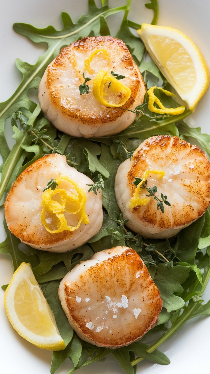 Beautifully seared scallops with lemon and herbs served on arugula