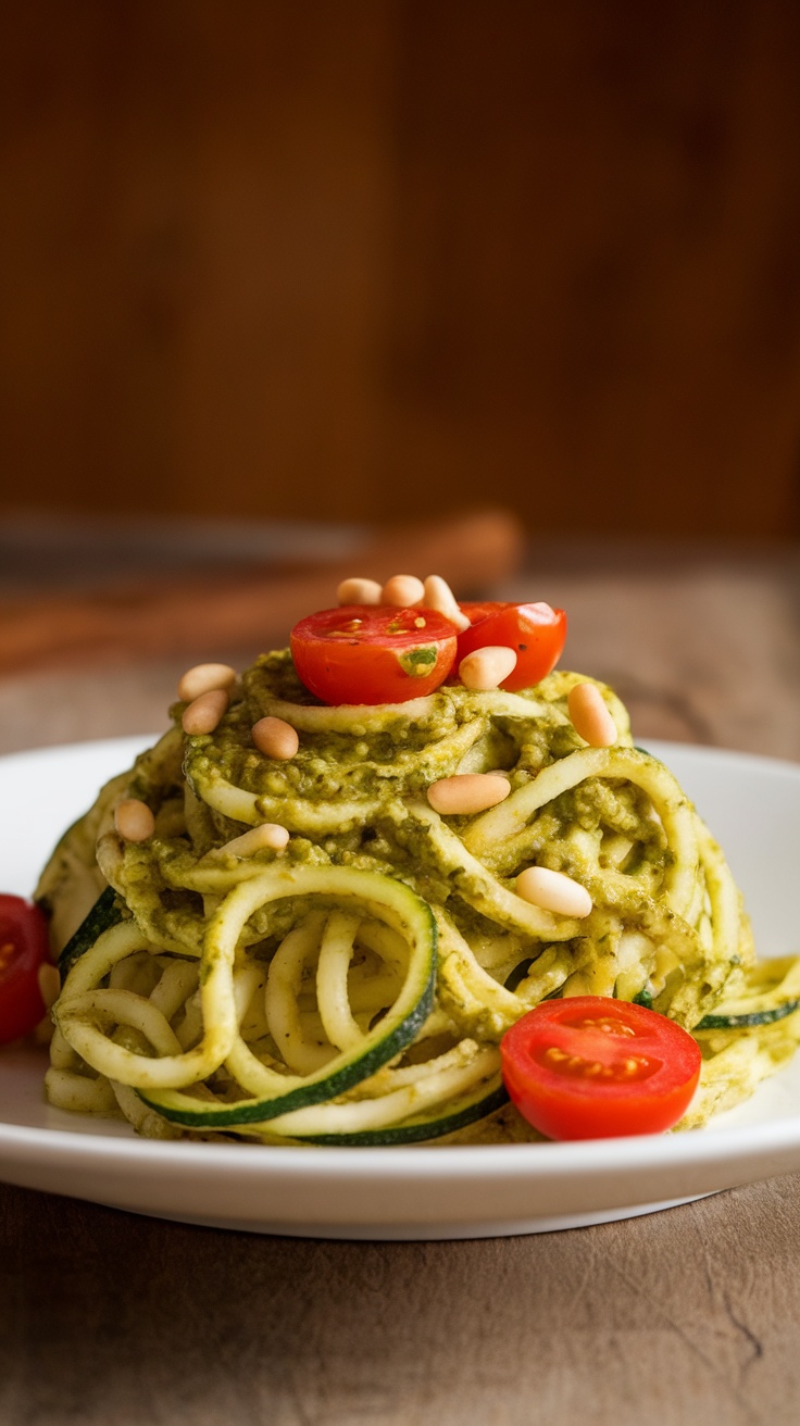 A plate of zucchini noodles with pesto, topped with cherry tomatoes and pine nuts.