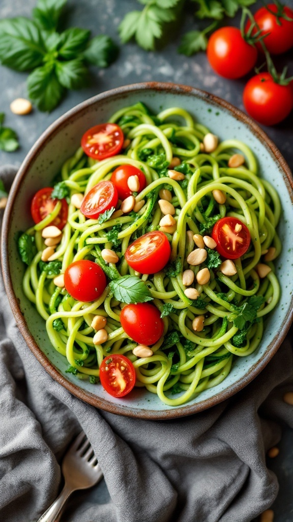 A bowl of zucchini noodles topped with pesto, cherry tomatoes, and pine nuts.