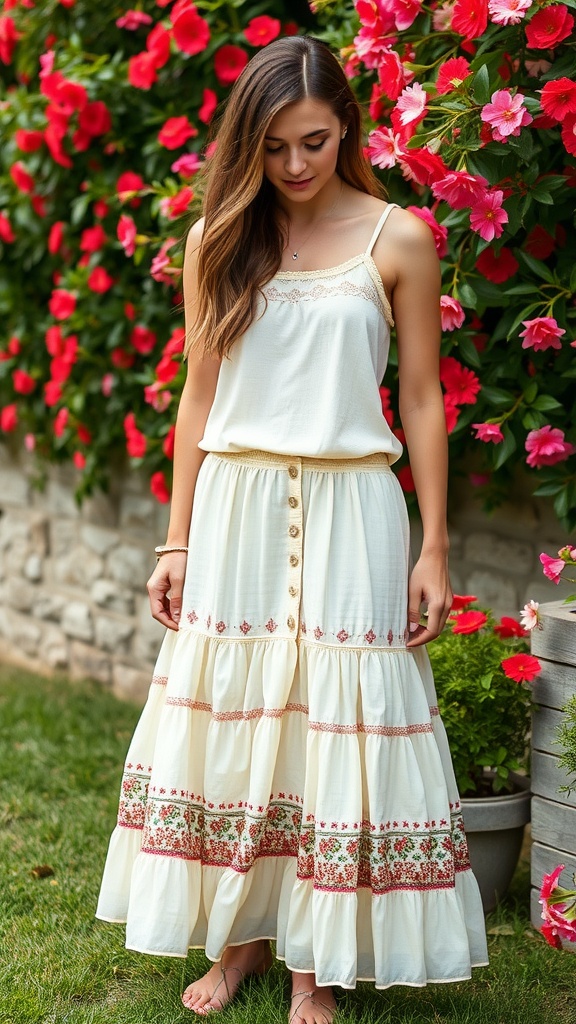 A young woman in a boho style tiered skirt and tank top, standing in front of vibrant flowers.