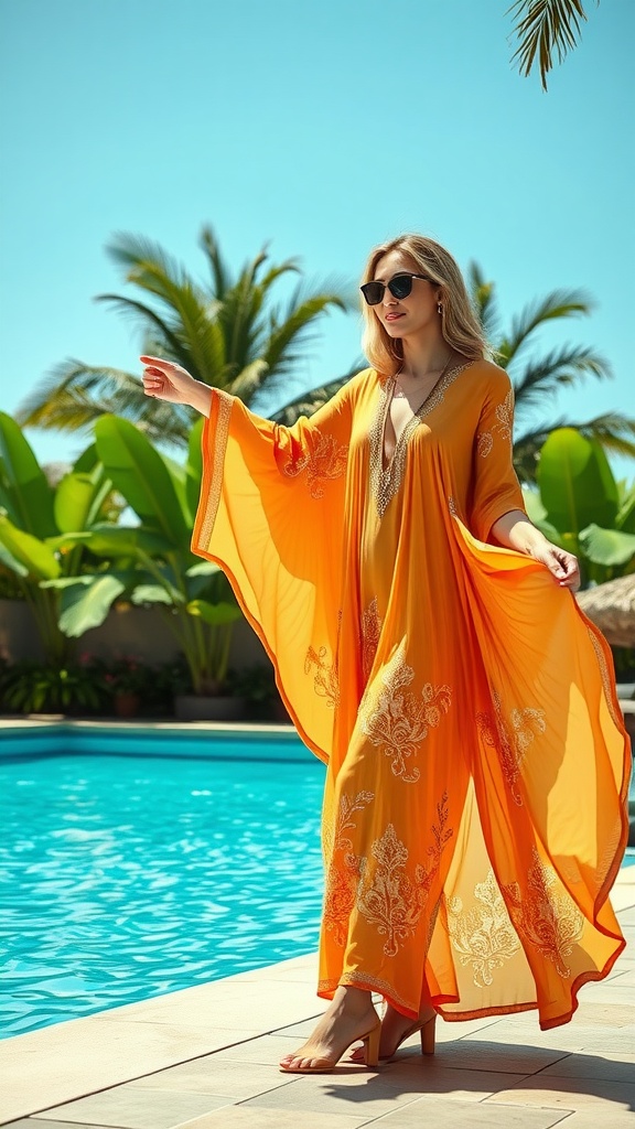 15 Stylish Summer Outfits to Keep You Cool and Chic 25 A woman in a vibrant yellow and green kaftan standing by a pool, wearing sunglasses and sandals.