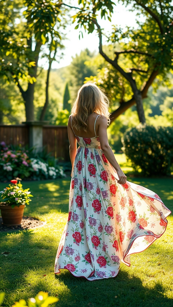 A woman wearing a flowing maxi dress, joyfully walking through a sunny garden