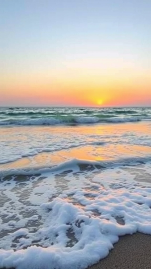 A tranquil sunset over the ocean with gentle waves washing ashore.