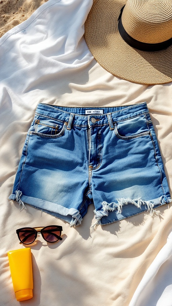 7 Essential Items for the Perfect Classic White Beach Outfit 7 Casual denim shorts laid out with a straw hat, sunglasses, and sunscreen on a beach towel.