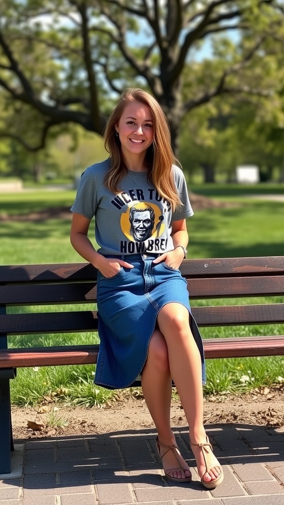 A young woman sitting on a bench wearing a denim skirt and a graphic tee, enjoying a sunny day.