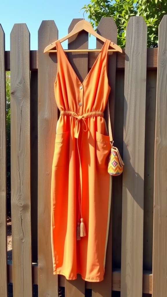 A navy sleeveless jumpsuit with buttons, hanging on a wooden fence, paired with a small brown bag.