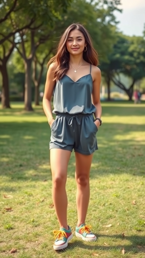 A teen girl wearing a casual blue romper and colorful sneakers standing in a park.