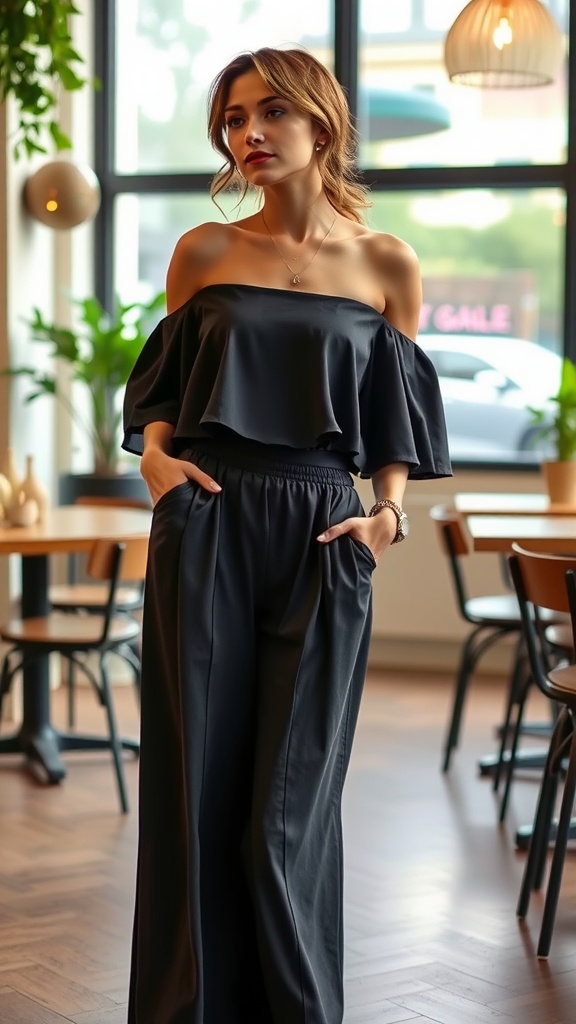 A woman in a black cold-shoulder top and wide-leg pants, looking stylish in a cafe setting.