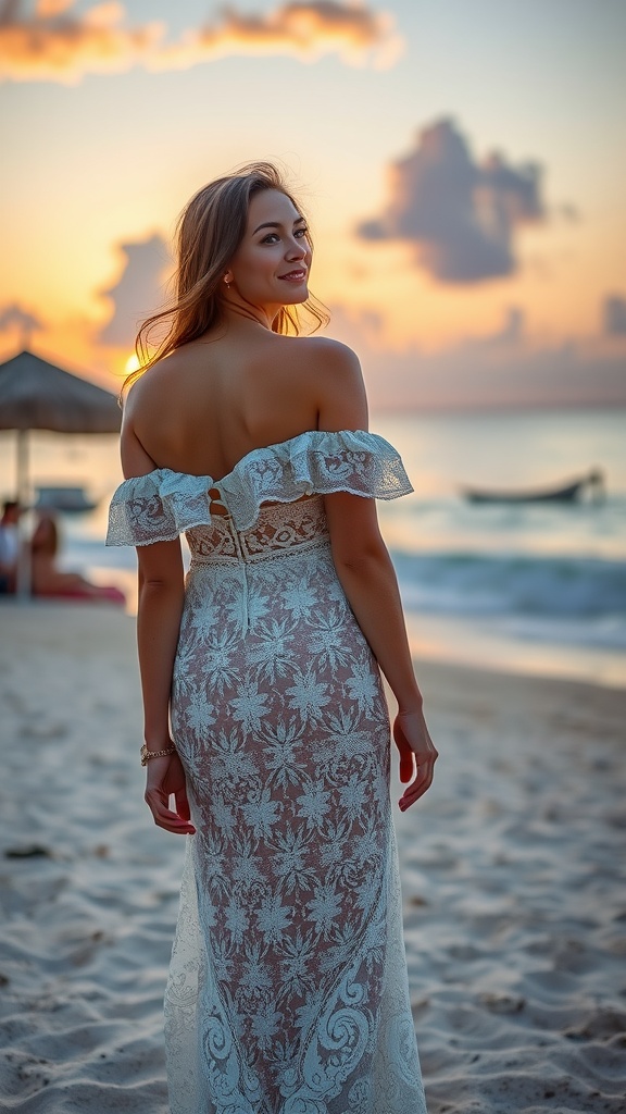 A woman wearing an off-the-shoulder lace dress on the beach during sunset.