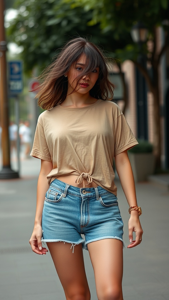 15 Stylish Summer Outfits to Keep You Cool and Chic 23 A stylish individual wearing denim cutoffs and a beige top, walking confidently on a city street.
