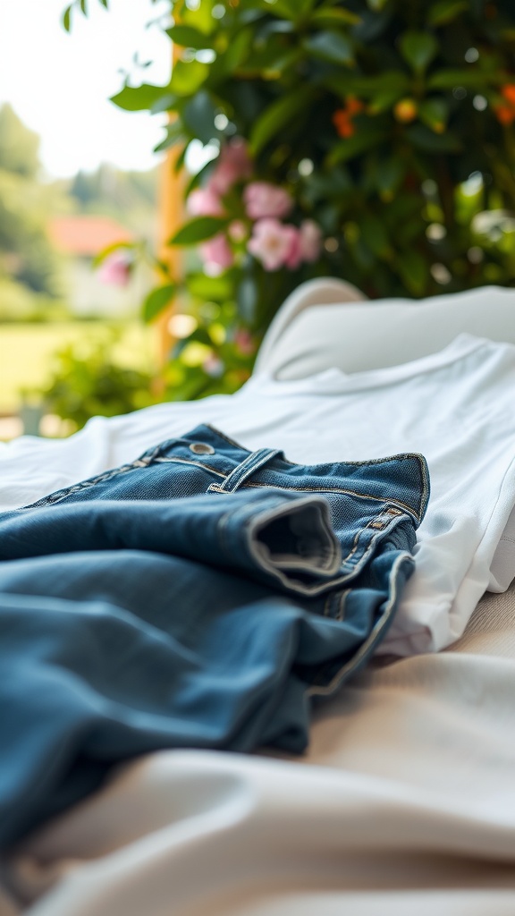 A classic white t-shirt laid out beside rolled-up blue jeans, with greenery in the background.