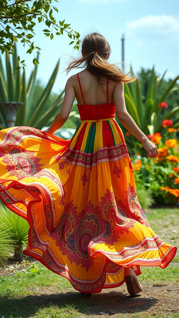 15 Stylish Summer Outfits to Keep You Cool and Chic 22 A woman in a vibrant maxi skirt twirling in a garden, showcasing bohemian style.