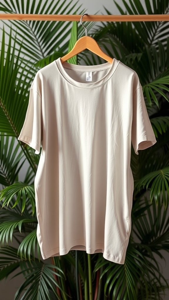 An oversized t-shirt dress hanging on a wooden hanger with green plants in the background.