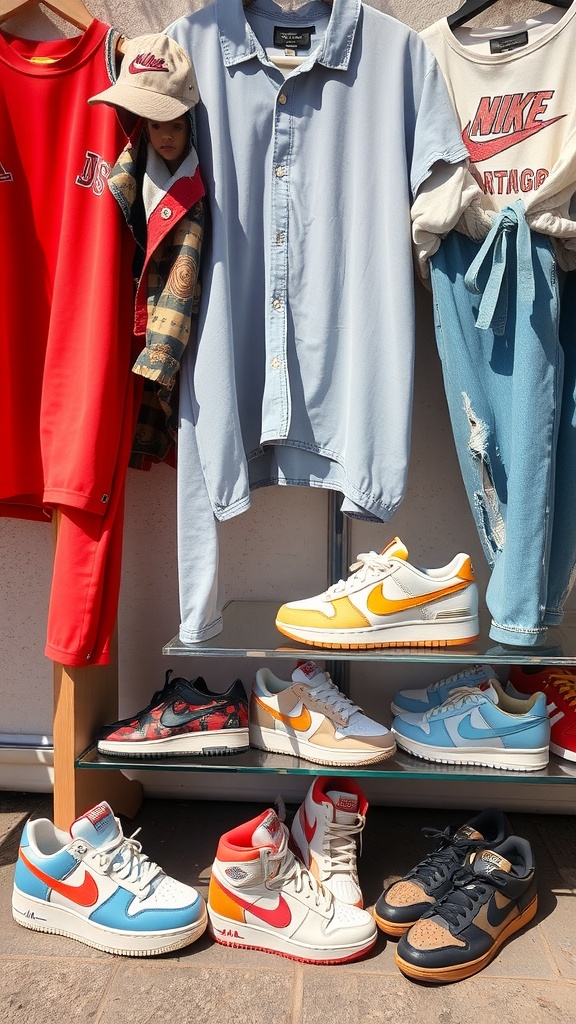 15 Stylish Summer Outfits to Keep You Cool and Chic 29 A variety of colorful sneakers displayed on the floor with a person wearing gray pants and showing their tattooed legs.