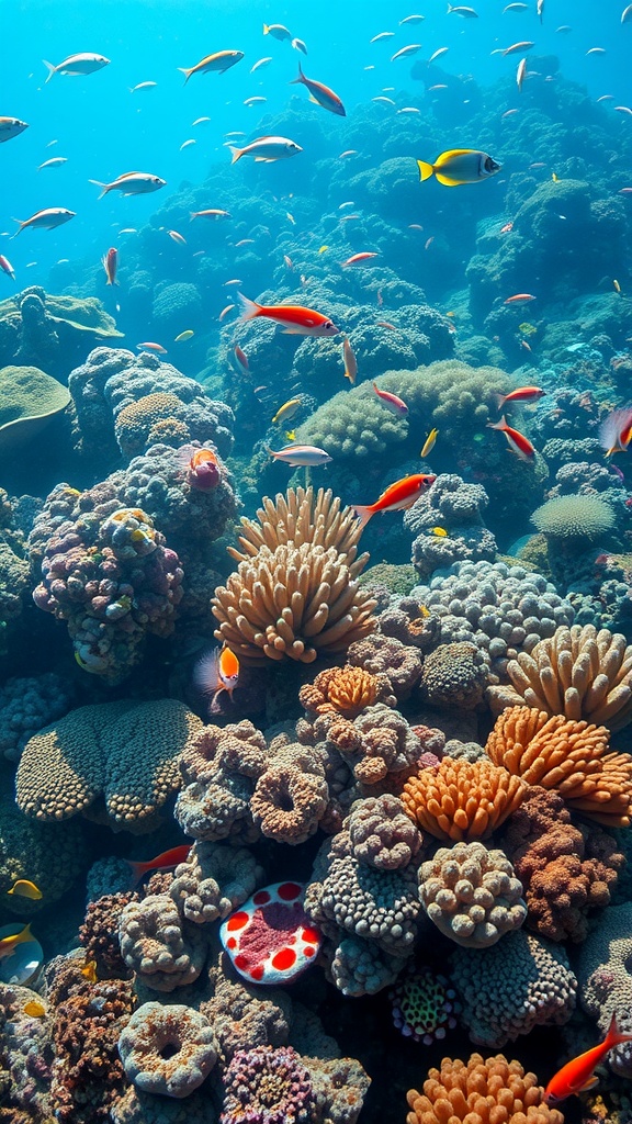 A vibrant underwater scene featuring a coral reef with various colorful fish.