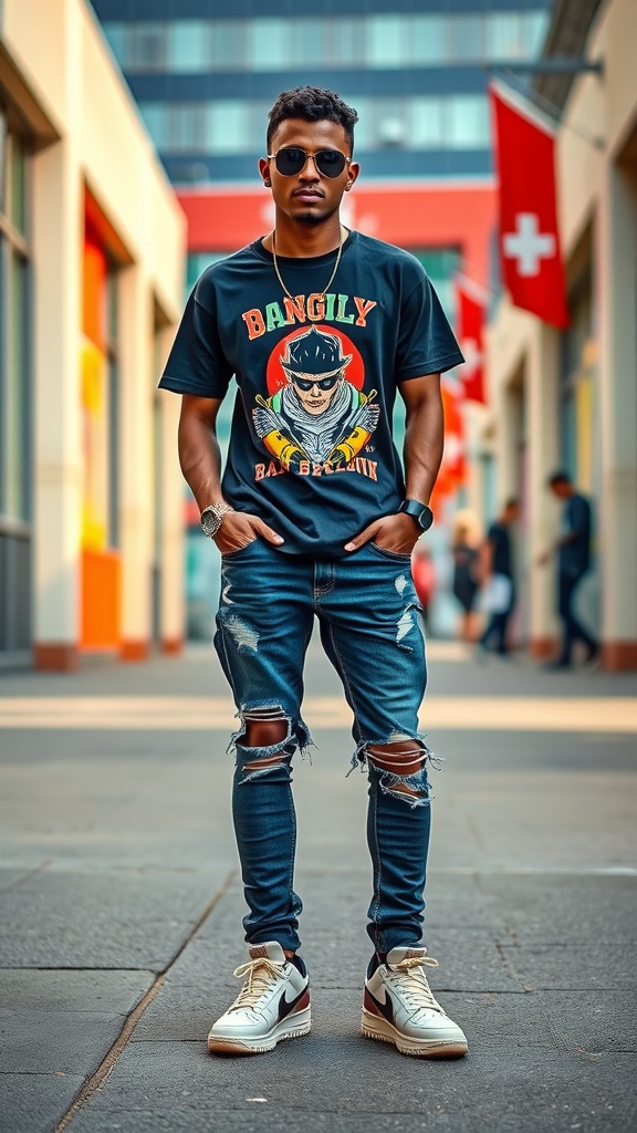 A person standing in a city street wearing a graphic tee, ripped jeans, and sneakers, showcasing edgy summer streetwear style.