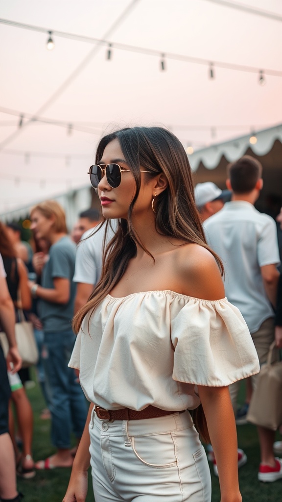 15 Stylish Summer Outfits to Keep You Cool and Chic 30 A woman wearing an off-the-shoulder top and sunglasses, standing in a crowd at a summer event.