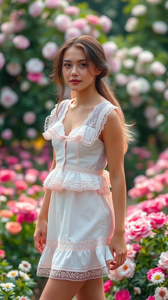 A feminine dress with ruffles and lace, surrounded by blooming roses, showcasing summer outfit aesthetics.