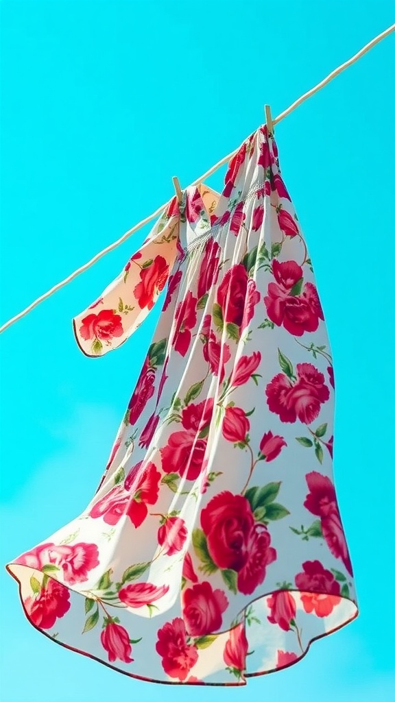 Two floral maxi dresses hanging on a clothesline against a clear blue sky