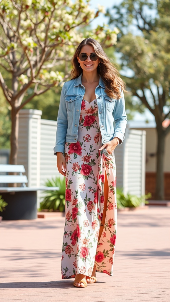 A woman wearing a floral maxi dress with a denim jacket, smiling outdoors.