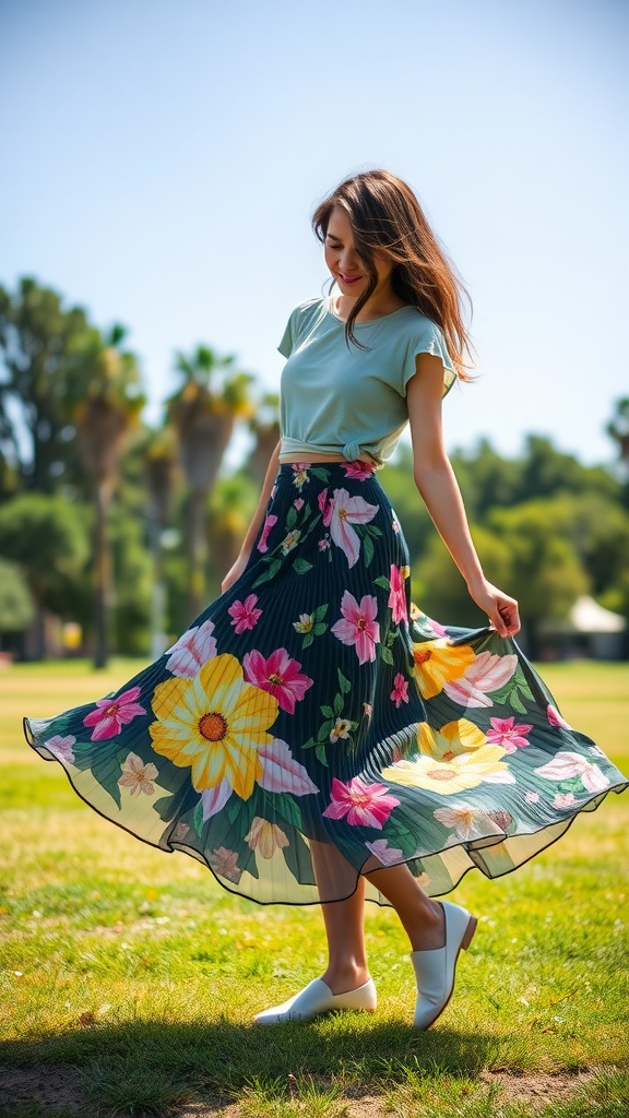 15 Stylish Summer Outfits to Keep You Cool and Chic 28 A woman spinning in a floral print skirt on a sunny day, smiling and enjoying the summer vibe.