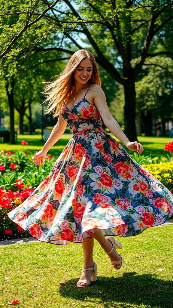 A woman twirling in a floral skirt in a lush garden with colorful flowers.