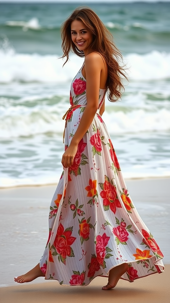 Woman wearing a flowy maxi dress with floral patterns by the beach.